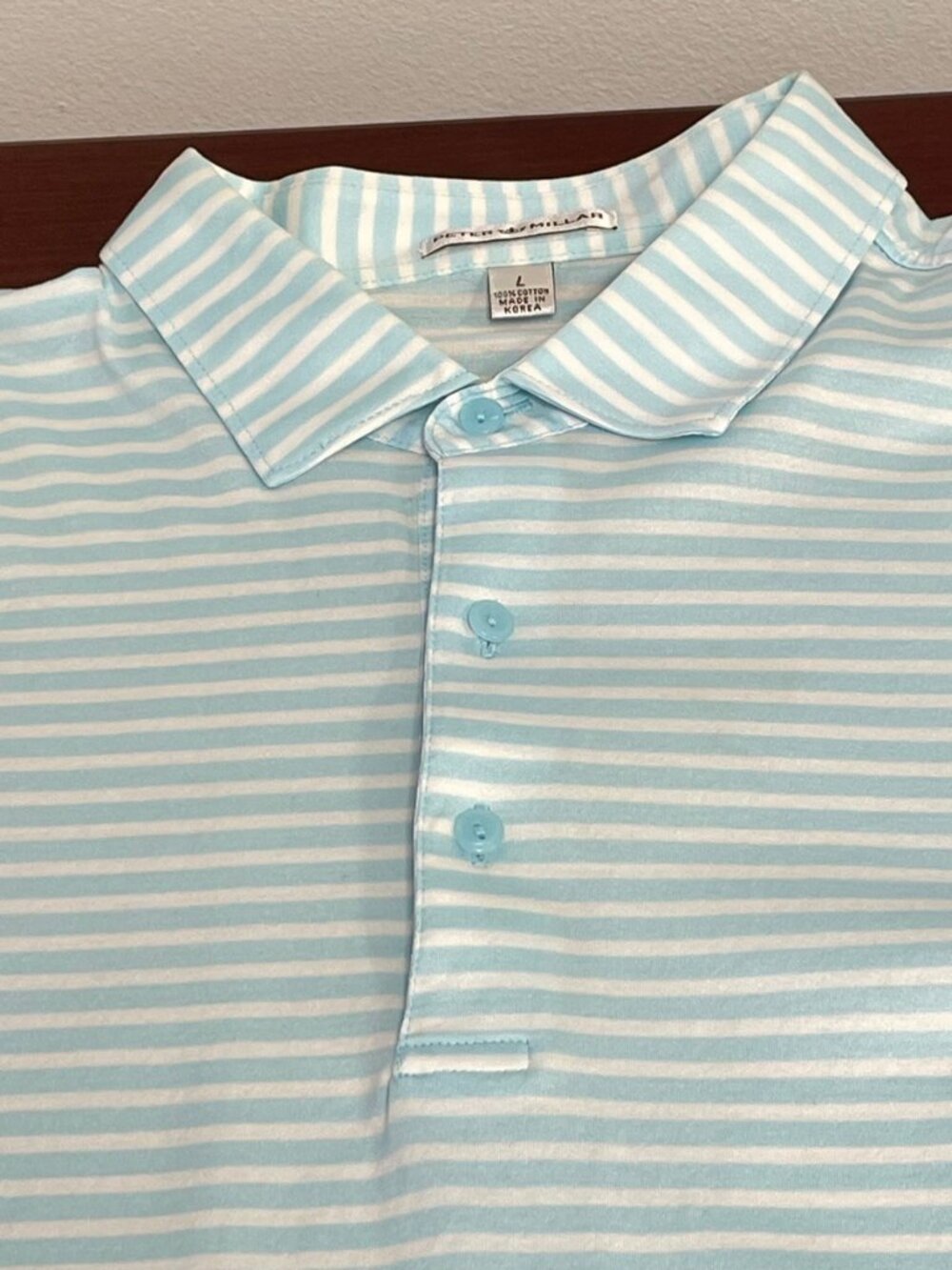 Peter Millar Men's Polo Shirt - Light Blue & White Striped - Size L - EUC